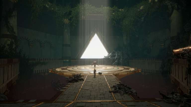 A giant triangle of light illuminates a golden chamber, where Enki and Nor approach Dukmar, a boss from Flintlock