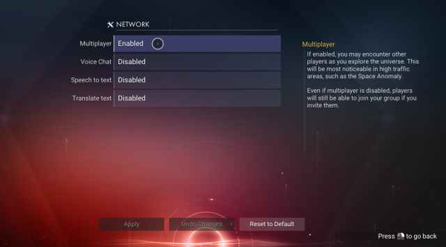 A screenshot from the No Man's Sky Network tab showing exactly what option players need to enable for multiplayer play.