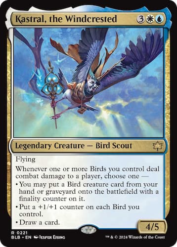 Bird Scout holding magical staff flying in air on Bloomburrow in MTG