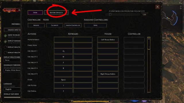 Last Epoch controller keybind settings menu with red arrow pointing to Restore Defaults option