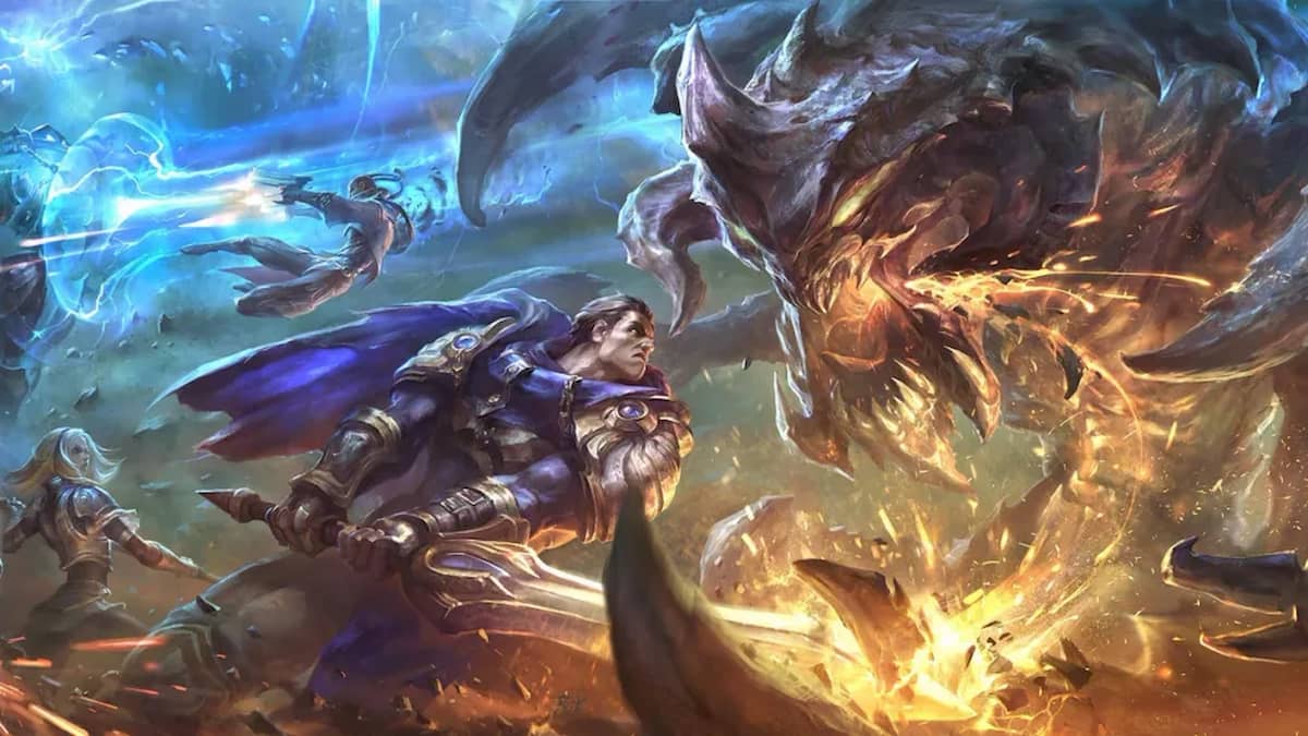 League of Legends art showing Garen charging at Cho'Gath, engaging in combat.