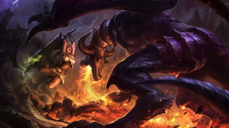 League of Legends art showing Riven leaping at a fire-breathing creature.