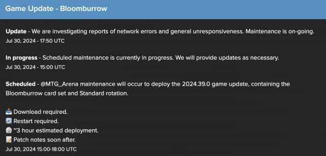 MTG Arena maintenance message on July 30, 2024.