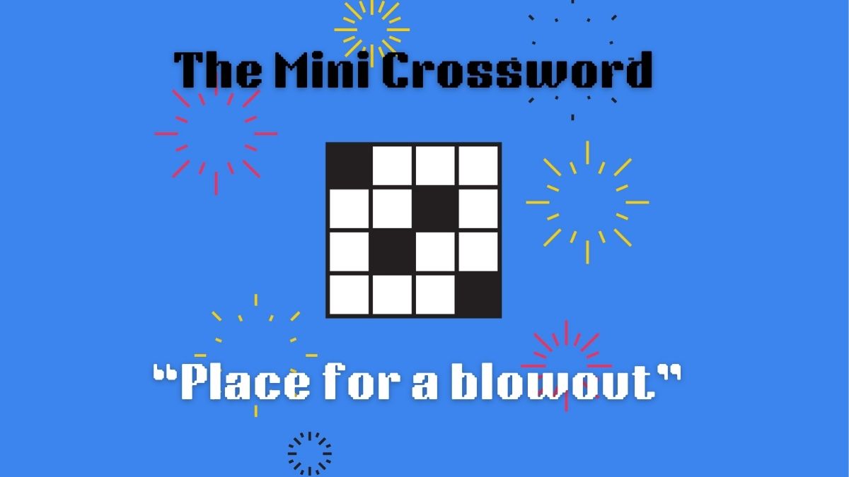 A crossword puzzle with a blue background. It reads "The Mini Crossword" and "Place for a blowout"