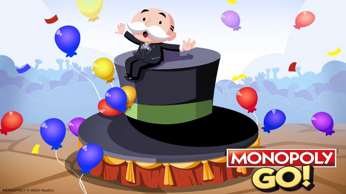 Mr. Monopoly on top hat with ballons in Monopoly GO