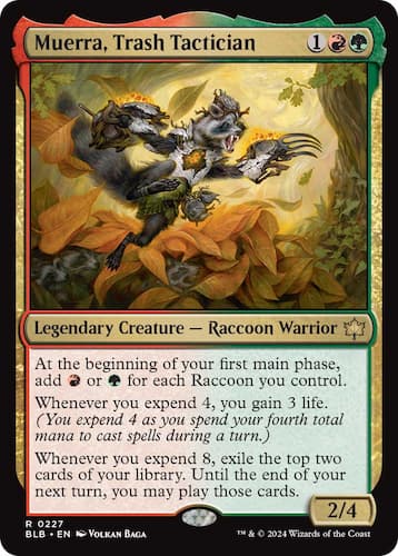 Racoon wearing trash as armor in Bloomburrow MTG set