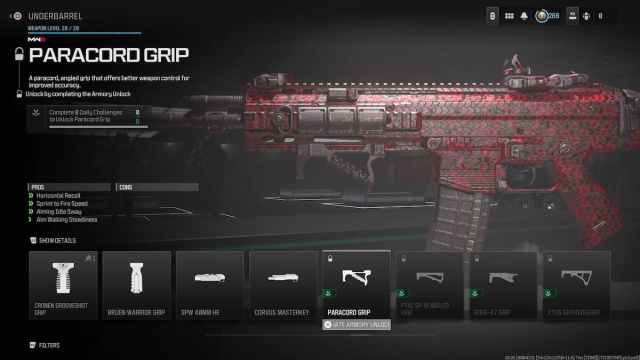 Screenshot of the Paracord Grip in MW3's create-a-class menu.