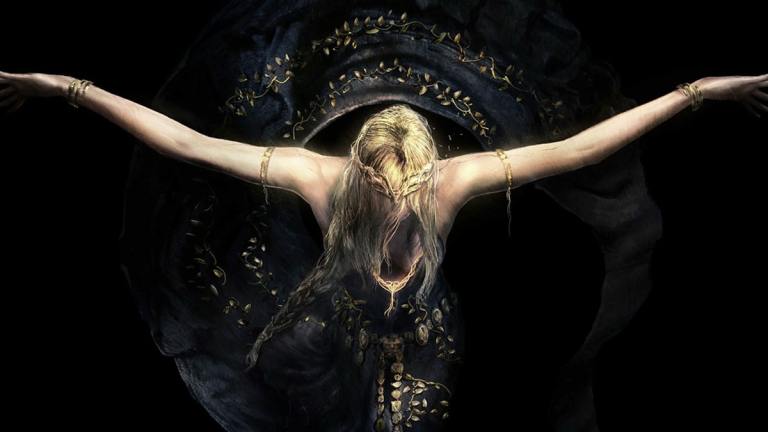 Queen Marika crucified against a black background in Elden Ring