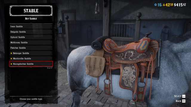 An image of the Nacogdoches Saddle from Red Dead Online.