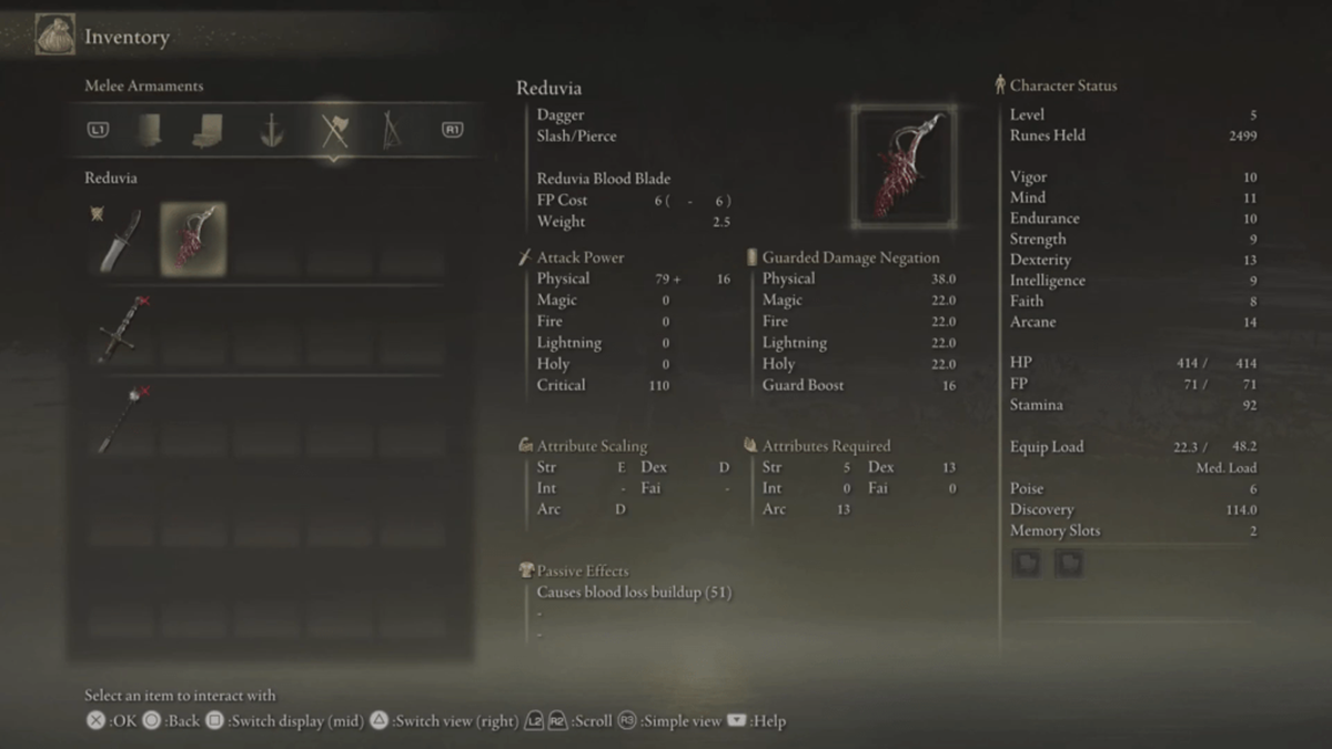 The Reduvia Dagger and its stats in Elden Ring.