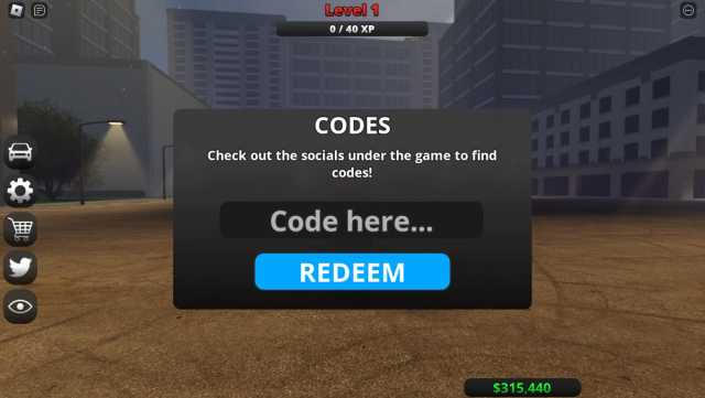 Picture of Code Redeem screen in Roblox's Highway Legends.