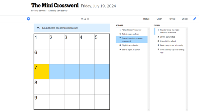 NYT Mini Crossword showing space for a five-letter across word