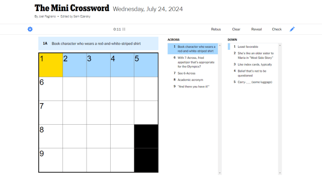 A blank NYT Mini with five squares across highlighted