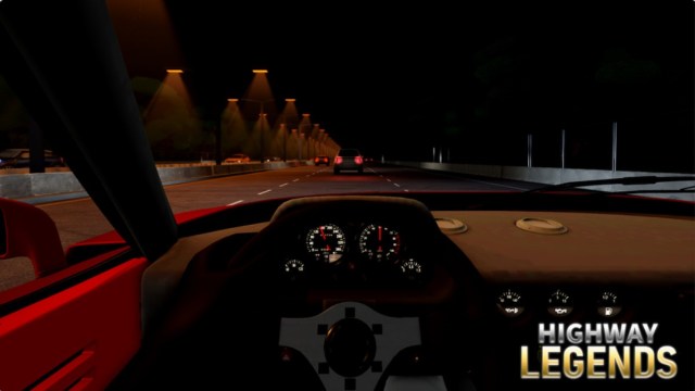 Picture of driving under street lights in Roblox's Highway Legends.