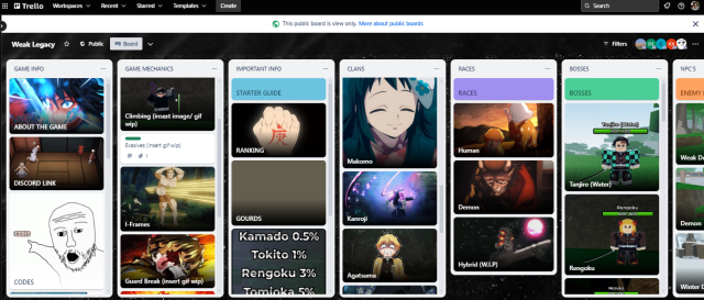Picture of Roblox's Weak Legacy Trello board showcasing useful information.