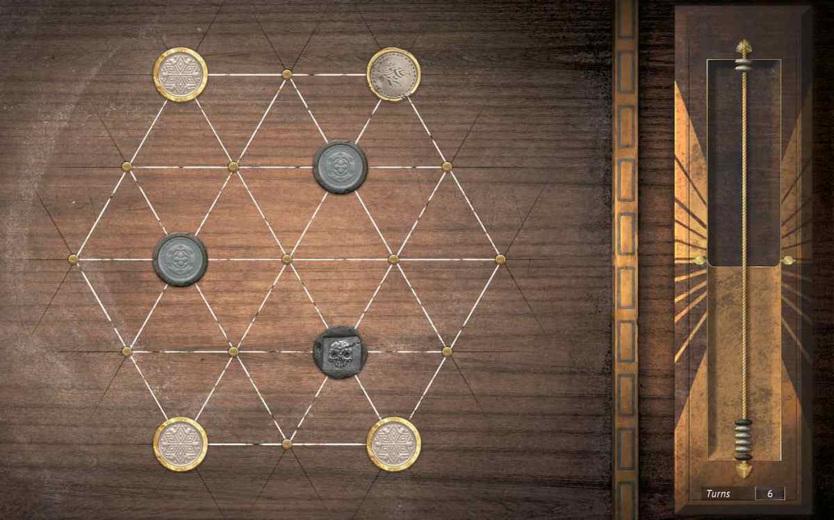 The Sebo board from Flintlock, showing different coins across a grid-like geometrical shape with a turn-counter on the right.