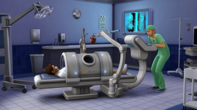 Image of a sim getting treated under a machine while another sim operates it.