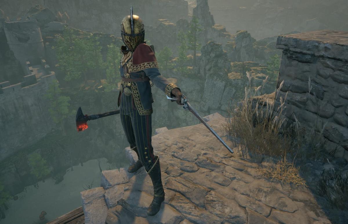 Nor from Flintlock faces the camera with pistol drawn. She wears a golden, gladiator-style helmet, the Irregular's Helmet.