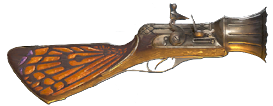 A sawed-off shotgun-looking mortar with an orange, firey like design on its handle.