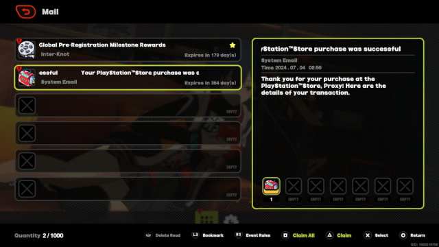 A screenshot showing the mailbox and PlayStation Pre-Order bundle rewards in ZZZ.