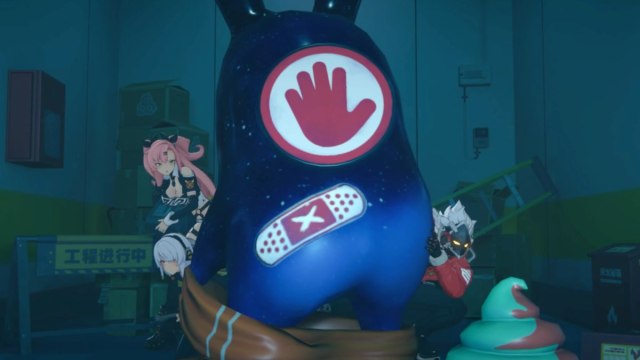 Anby, Billy, and Nicole hiding behind giant toy mascot in ZZZ