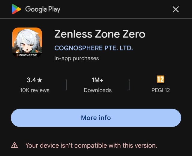 Zenless Zone Zero device incompatibility message on Google Play Store