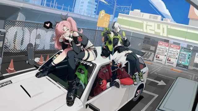 Two characters sitting on top of a car in Zenless Zone Zero.