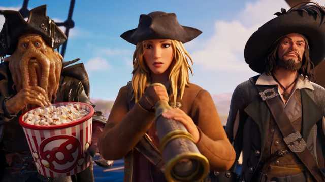 Davy Jones eating popcorn, Elizabeth Swann holding a telescope, and Captain Barbossa looking ahead in Fortnite.