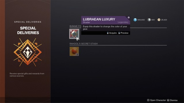 A screenshot of the Destiny 2 special items vendor with the Lubraean Luxury shader.