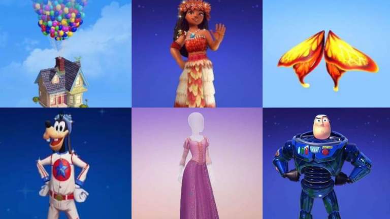 Six Premium Shop items in Disney Dreamlight Valley inlcuing Carl's House, Celebration Moana, some Golden Wings, a circus outfit for Goofy, Rapunzel's dress, and a stealth outfit for Buzz.