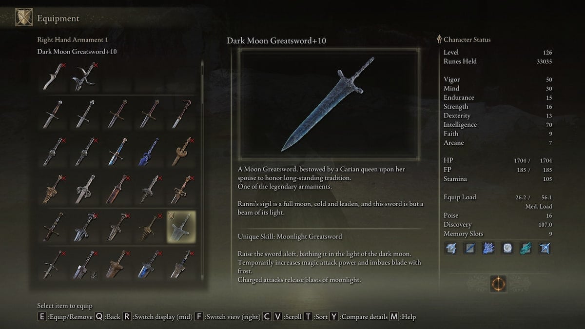 Elden Ring Dark Moon Greatsword weapon description