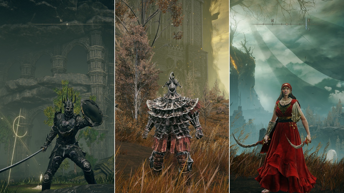 Best armor sets of Elden Ring Shadow of the Erdtree - Night, Gaius's, and Dancer's set (from left to right)