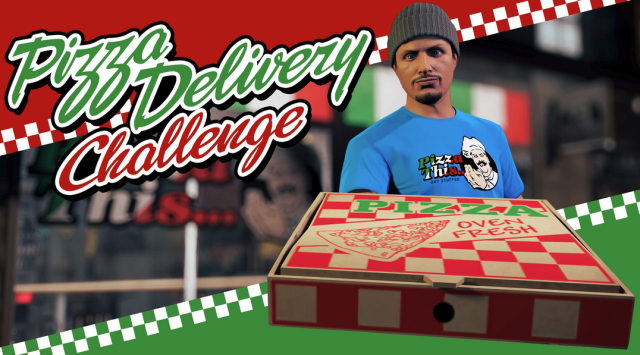 A GTA Online character offering the viewer a pizza.