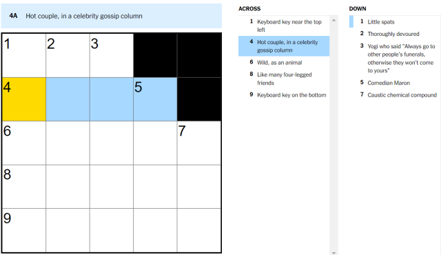 hot couple in a celebrity gossip column nyt mini crossword