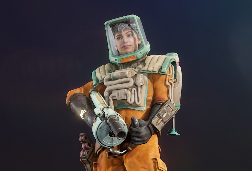 Daveers Concord, wearing an orange spacesuit, helmet, and holding a gun.