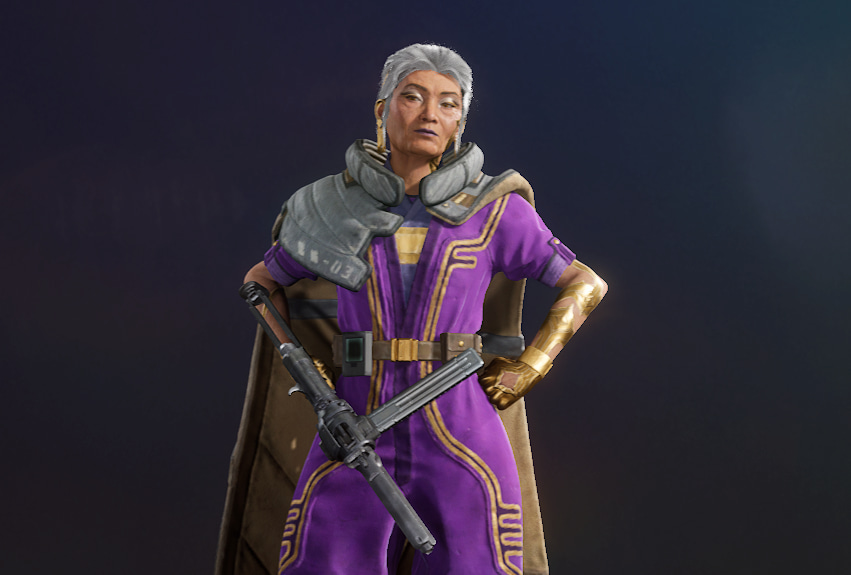 Duchess Concord, an older woman in a purple suit and wearing a cape.