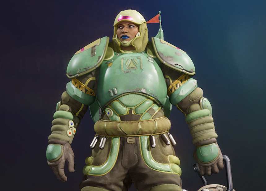 Emari Concord, wearing heavy green armor and helmet.