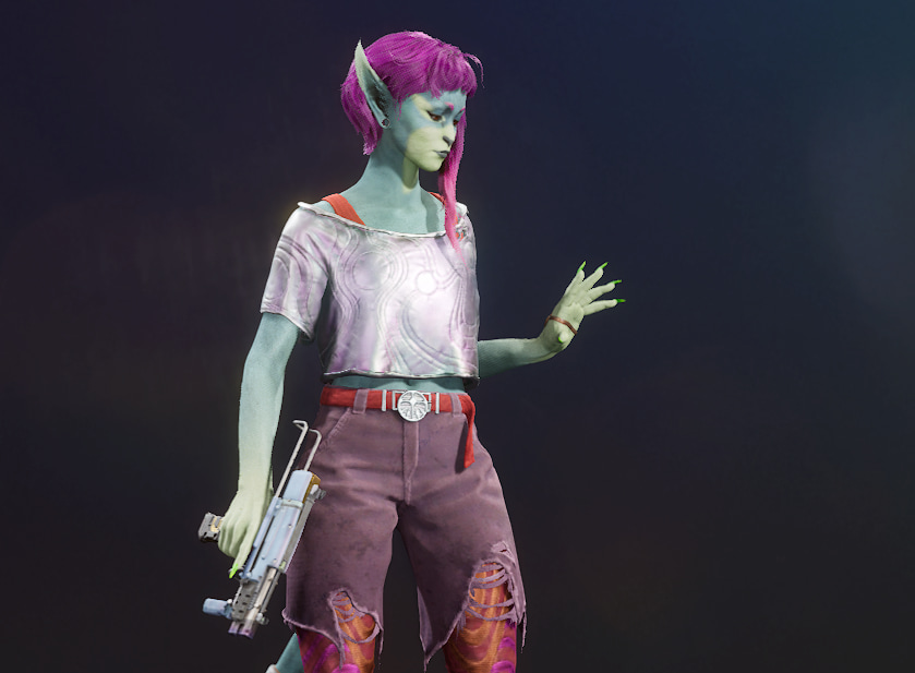 It-Z Concord, an alien with long, pointed ears, blue and green skin, and bright pink hair holding an SMG.