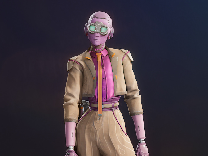 Kyps Concord, a pink robot wearing a tan suit and pink shirt.