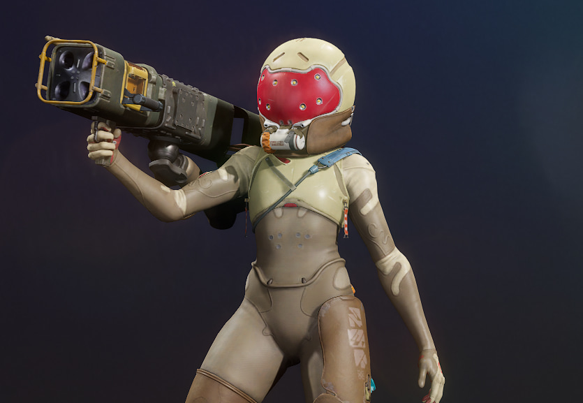 Roka Concord, wearing a large helmet with opaque visor and wielding a rocket launcher.