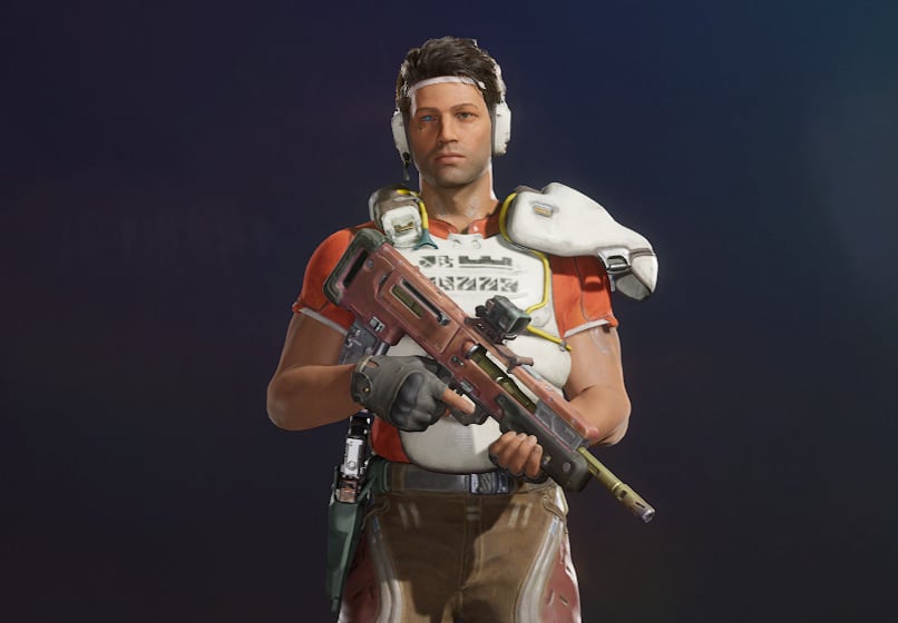 Teo Concord, a man wearing a white headset and holding a rifle in front of him.