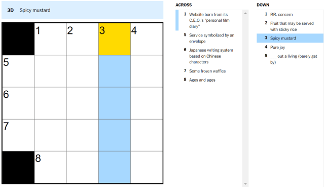 NYT's mini crossword. Spicy mustard, three down