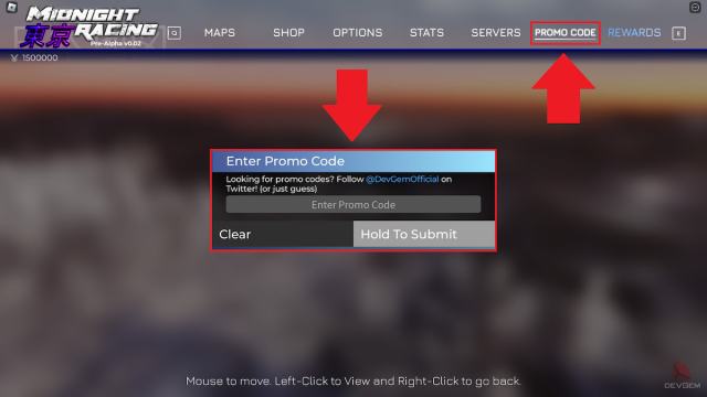The Promo Code redemption option marked in Midnight Racing Tokyo.