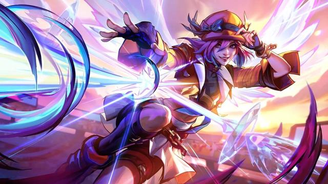 A LoL Arena character casts a cartoon spell while holding her hat.