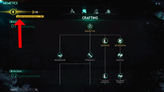 Memetic Specialization Nodes via the main menu in Once Human, with an arrow pointing to the new Memory Fragments section.