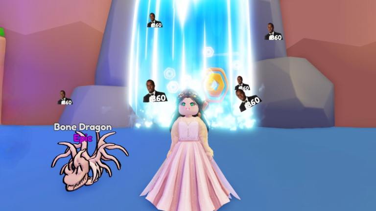 Standing with a pet dragon in front of a waterfall in Diddy Simulator in Roblox.