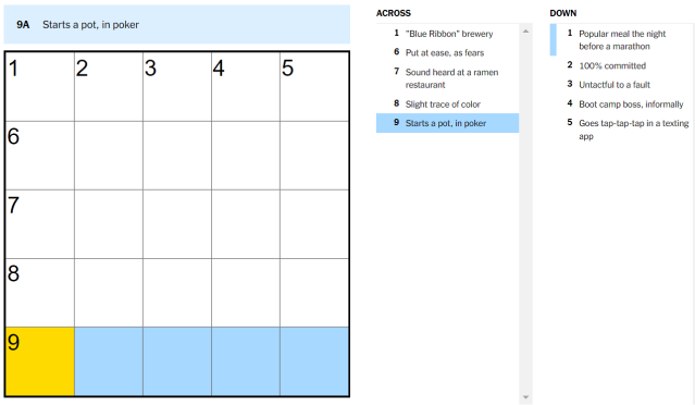 Starts a pot in poker nyt july 19 crossword