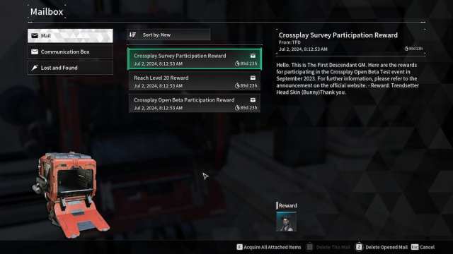 Mailbox with beta rewards in The First Descendant