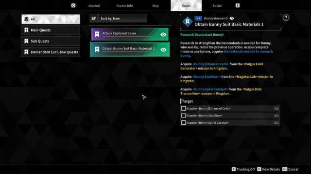 Obtaining Bunny Suit Basic Materials quest in The First Descendant