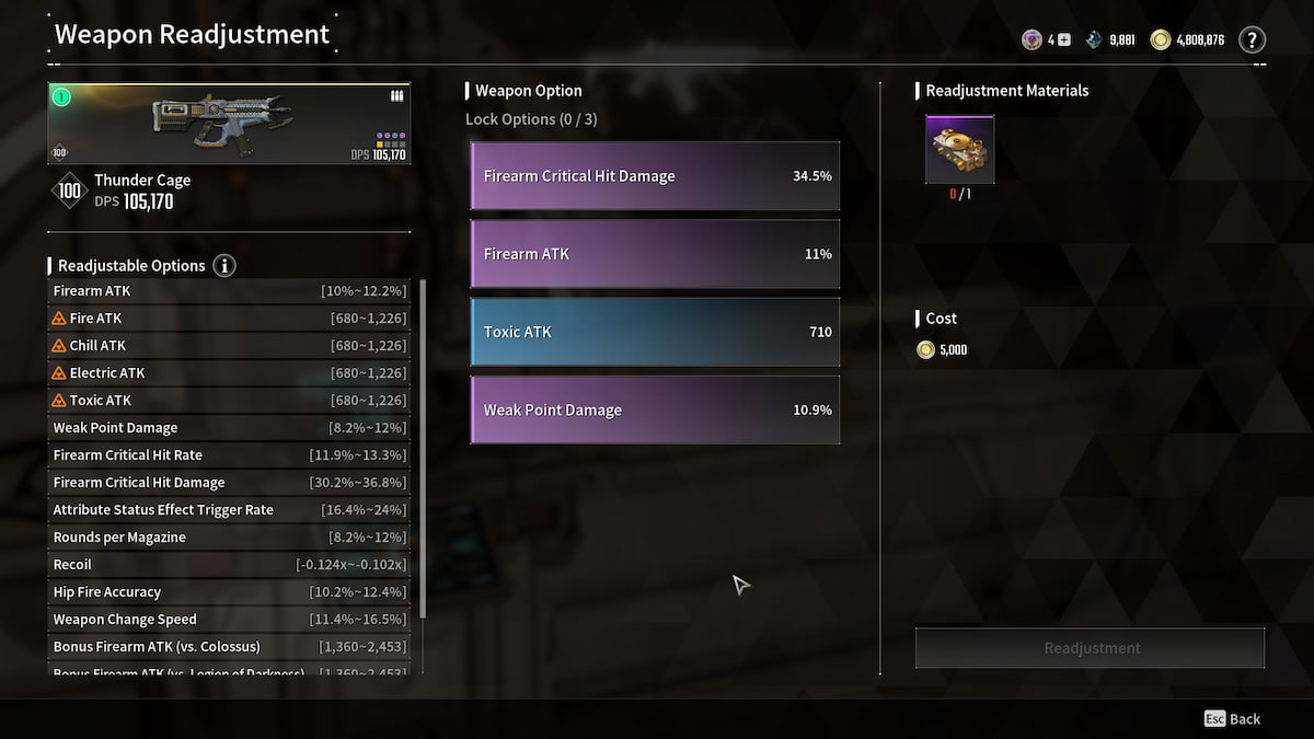 Thunder Cage stats in the Weapon Readjustment menu in The First Descendant